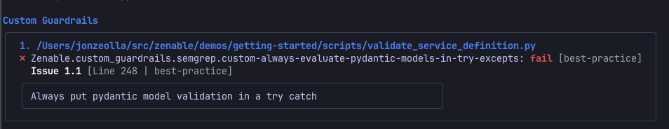 Guardrail finding with file path and rule details